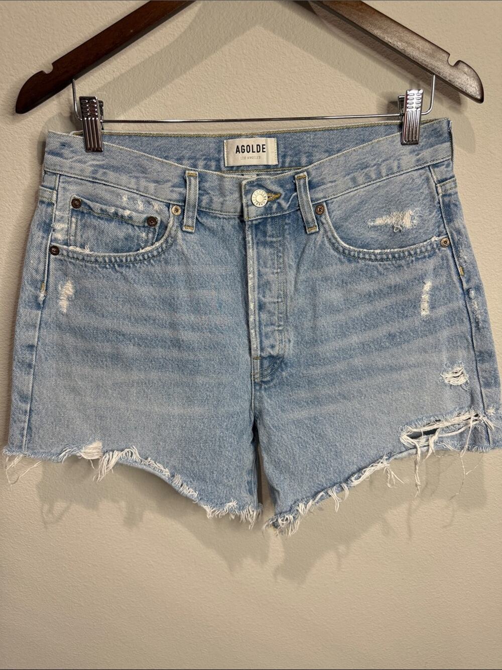 Agolde Light Wash Distressed Rolled and Ripped Denim Cutoffs 5" Size 28